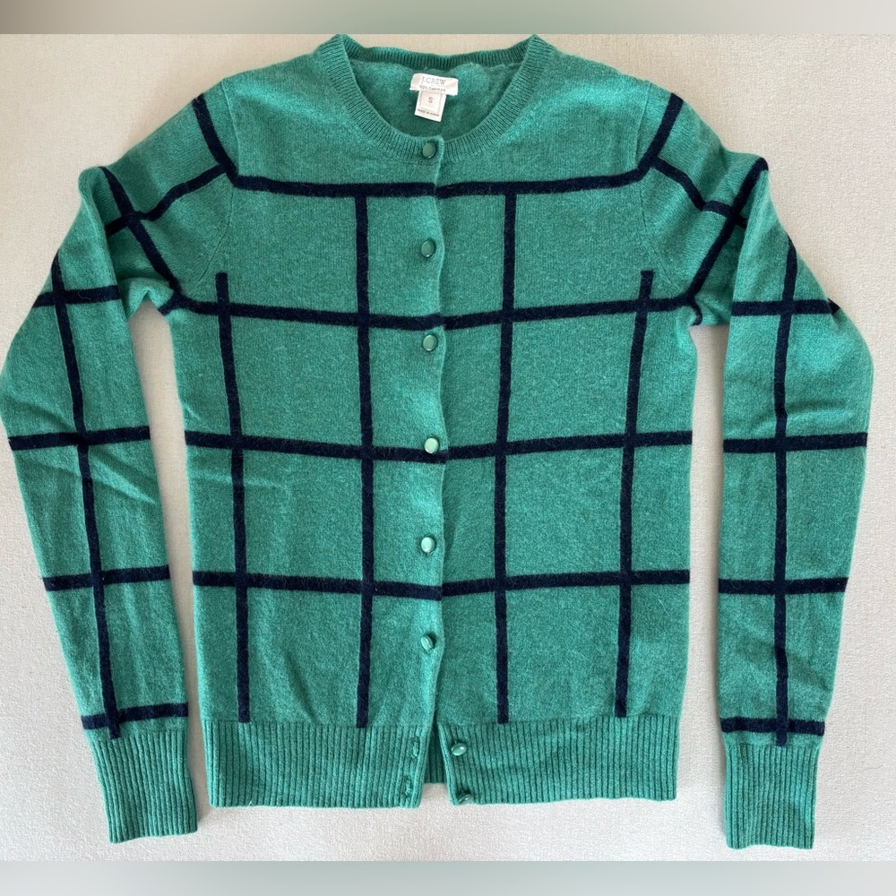 J. Crew 100% cashmere green cardigan sweater checkered small S J.Crew